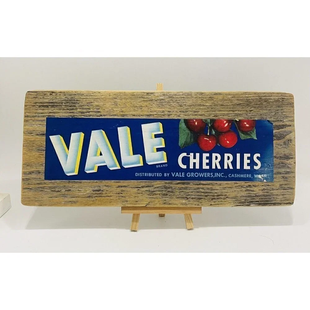 2 Vintage Fruit Crate Labels Wood Wall Plaques Vale Cherries Caravan Nectarines